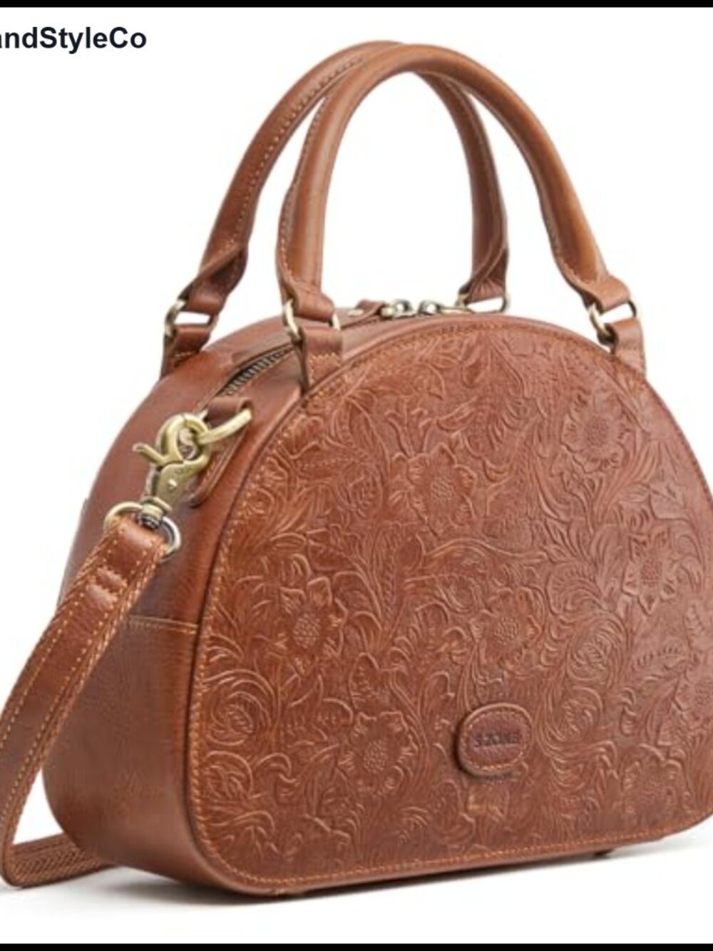 Genuine Leather Crossbody Bag with Top Handle and Rose Embossed Design